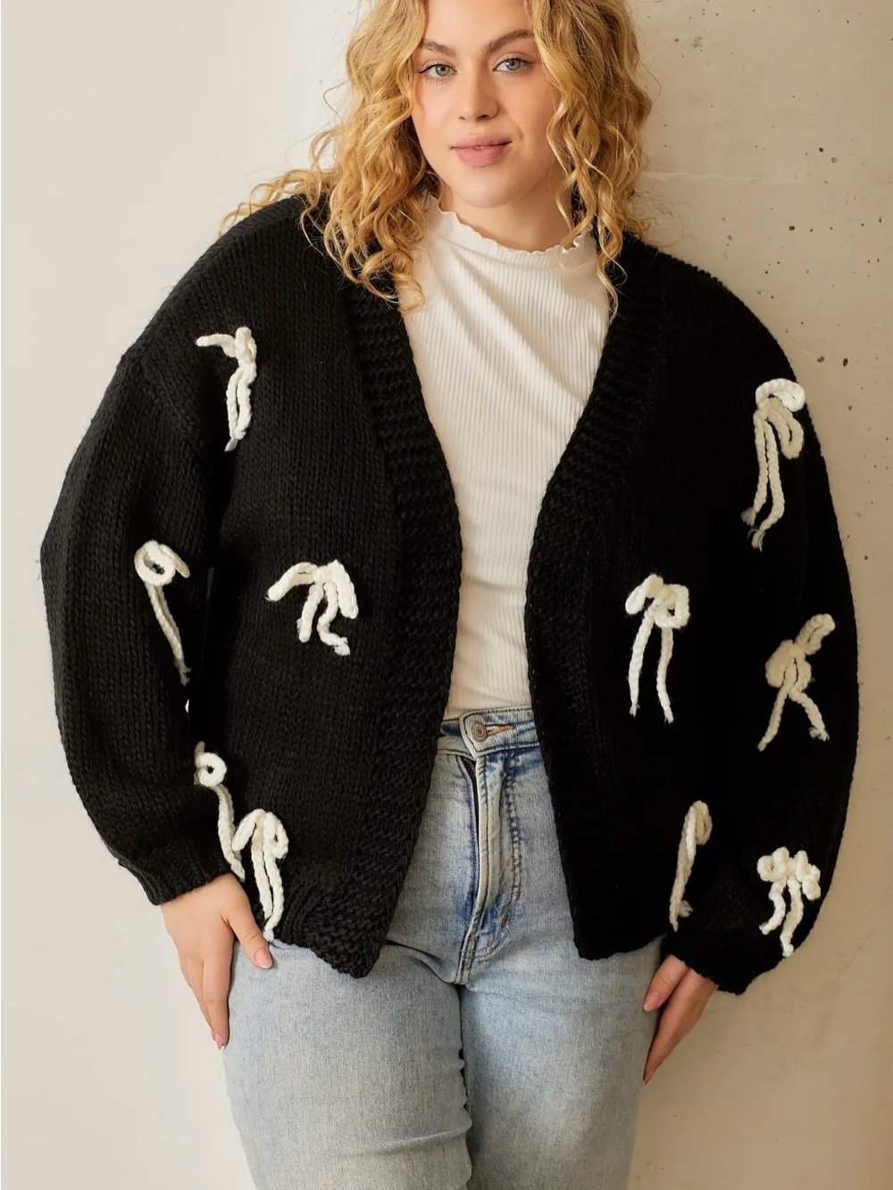 Baevely Black Chunky Knit Cardigan with White Bow Accents